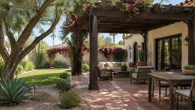 Backyard of a 1920s Spanish Revival style bungalow in central Phoenix: a dark-stained wood pergola over a terracotta tile patio, mature trees, climbing bougainvillea on a stucco wall