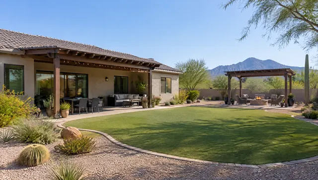 Phoenix stucco ranch home with a wood pergola attached to the house over the back patio door and, farther into the yard, a separate freestanding pergola over a fire pit seating area, wide view