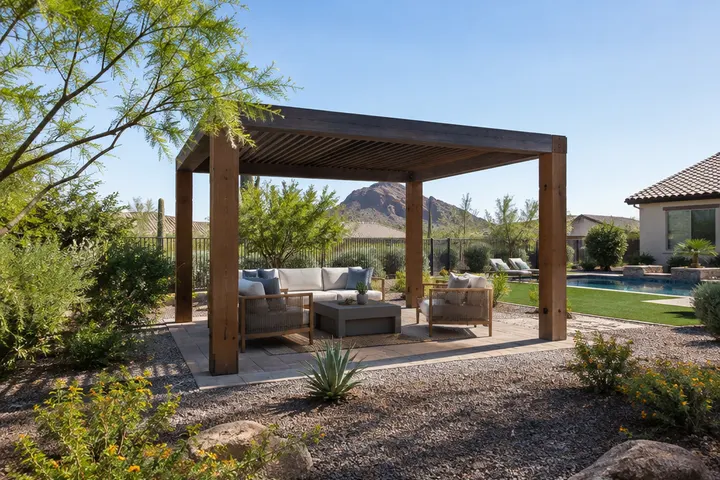 Freestanding four-post pergola in the middle of a Phoenix backyard over a seating area, separate from the house