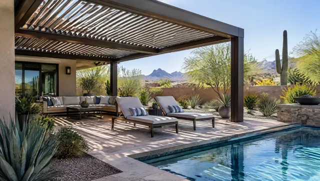 Modern aluminum louvered roof pergola in dark bronze over a Phoenix backyard patio, louvers tilted half open letting thin bands of sunlight through, lounge chairs, pool edge and desert plants, afternoon light