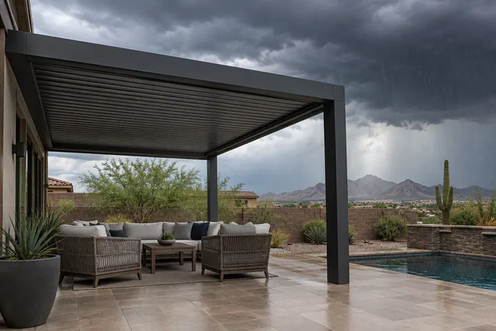 Closed aluminum louvered pergola during a desert monsoon rain shower, dry patio furniture underneath, dark storm clouds over Phoenix backyard