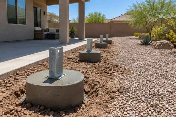 Four freshly poured round concrete footings in a row in a backyard, each with a steel post anchor, ready for pergola posts