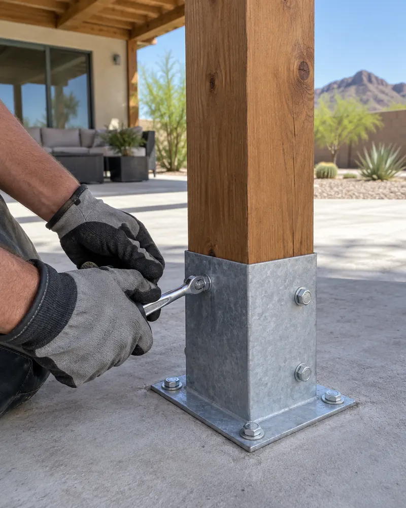 Gloved hands of an installer tightening a bolt on a galvanized post bracket at the base of a new wood pergola post, concrete patio, close-up, no face visible