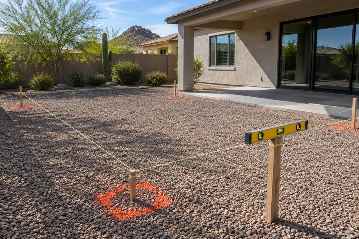 Pergola layout in progress in a Phoenix backyard: string lines, a spray-painted footing mark on gravel and a level resting on a stake