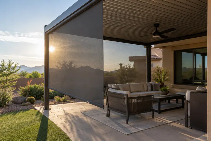 Pergola with a drop-down mesh shade screen lowered on the west side, blocking low afternoon sun over patio seating