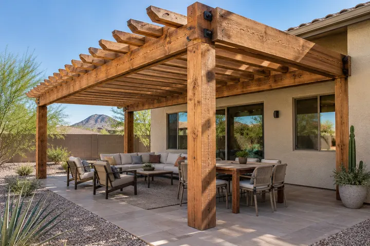 Rough-sawn cedar pergola with thick posts and beams over a backyard patio, warm wood grain detail