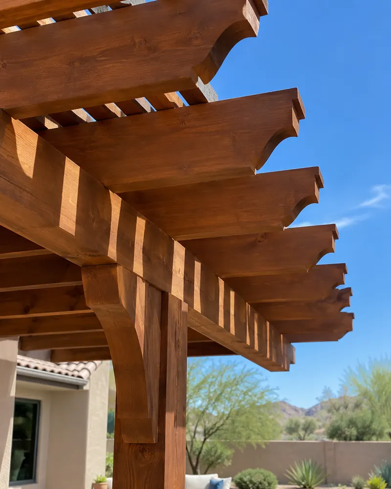 Close-up of cedar pergola rafter tails with a shaped decorative cut, warm stain, blue Arizona sky behind