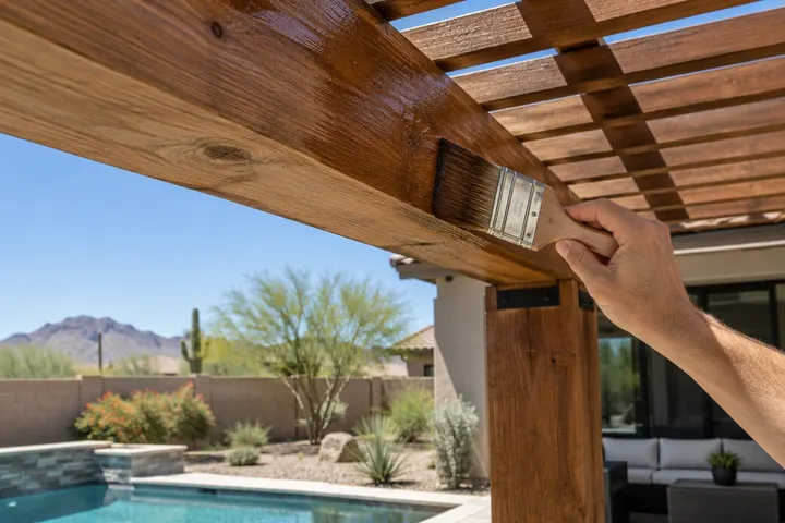 Hand holding a brush applying semi-transparent stain to a wood pergola beam, close-up, no face